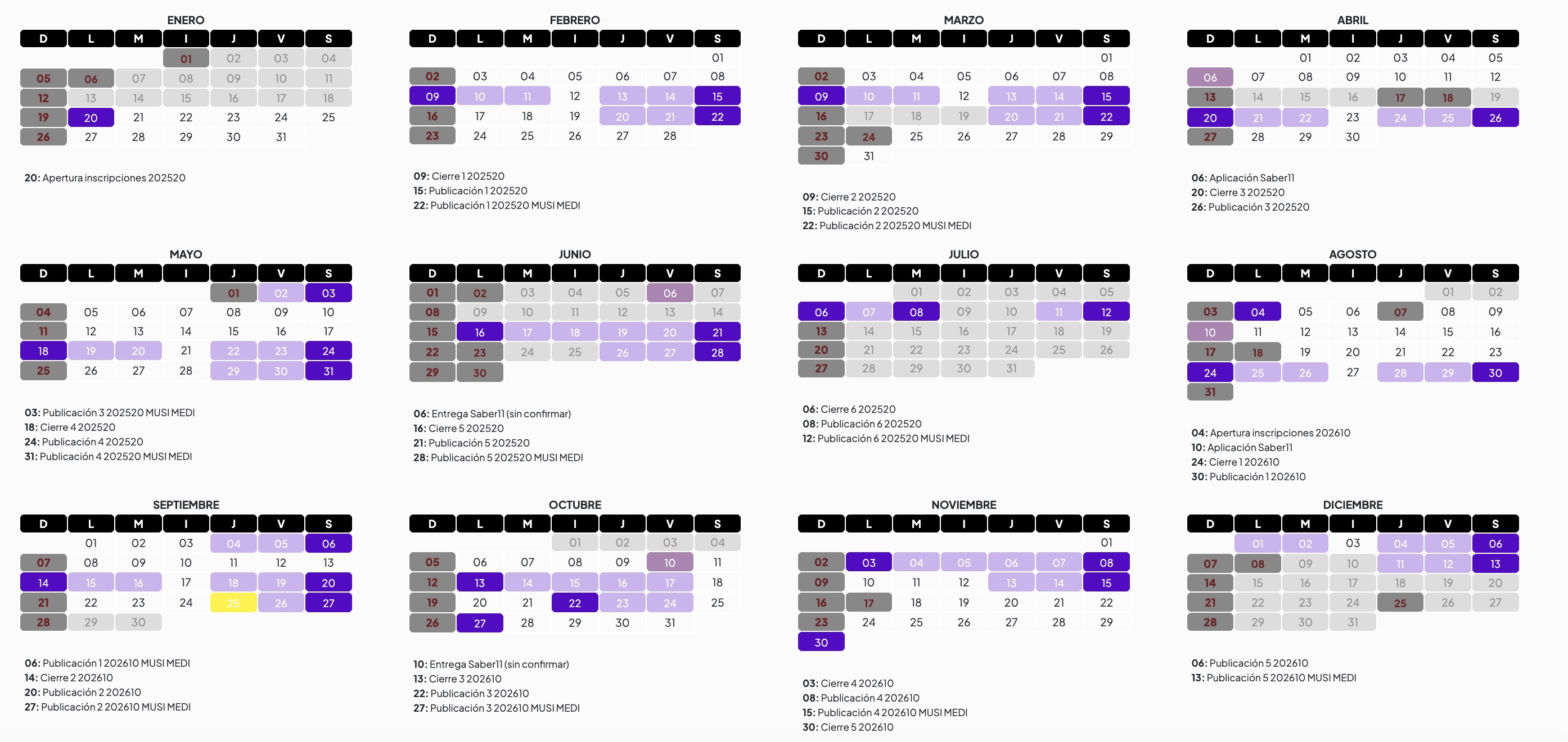 Calendario de admisiones 2025-2026